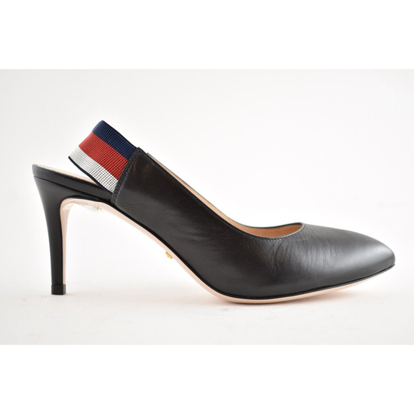 Gucci Sylvie 75 Black Leather Red Slingback Strap Sandal Mule Heel Pump 36.5 - Picture 3 of 12